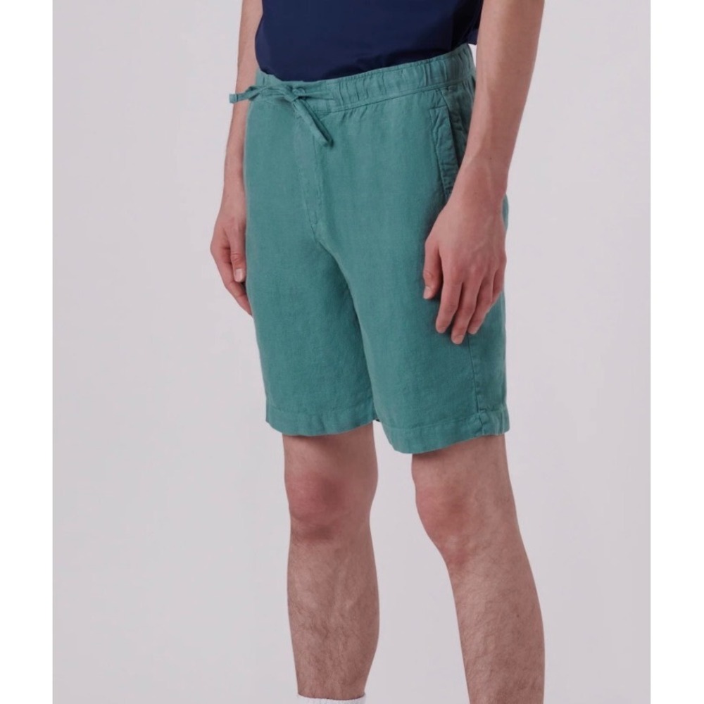 Bugatchi Linen Bermuda Shorts Size Medium Teal Blue Green Pockets 7" Tie Men